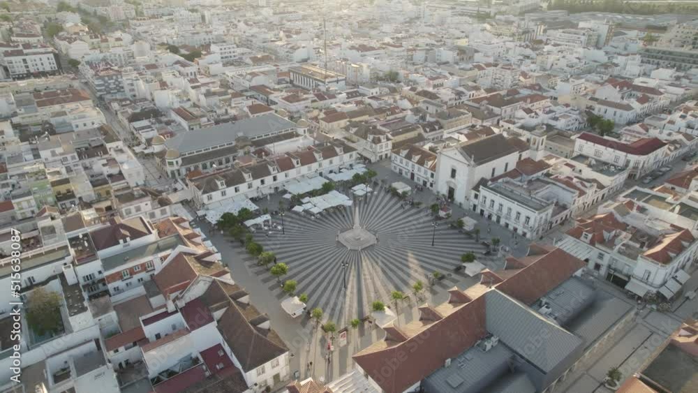 Praça Marquês de Pombal, main public square in Vila Real de Santo Antonio, Algarve, Portugal. Aerial view Praça Marquês de Pombal, main public square in Vila Real de Santo Antonio, Algarve, Portugal. Aerial view