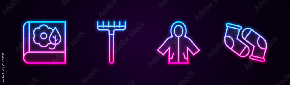 Set line Herbarium, Garden rake, Raincoat and Socks. Glowing neon icon. Vector Set line Herbarium, Garden rake, Raincoat and Socks. Glowing neon icon. Vector