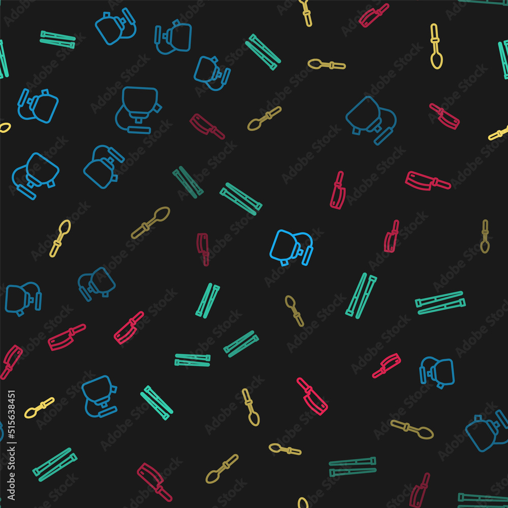 Set line Kettle with handle, Food chopsticks, Teaspoon and Meat chopper on seamless pattern. Vector Set line Kettle with handle, Food chopsticks, Teaspoon and Meat chopper on seamless pattern. Vector