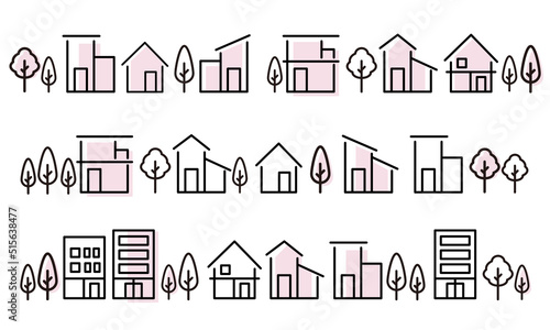 シンプルな家や街並みの線の塗りがあるアイコンセット