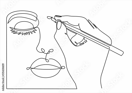 Continuous one line drawing of Young girl doing make-up. The concept of applying makeup, beauty salon
