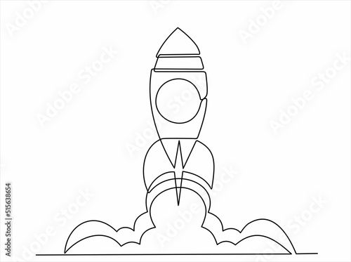 Continuous one line drawing of Rocket launch, ship. Continuous line drawing. Startup business. Vector illustration. Isolated on white background.