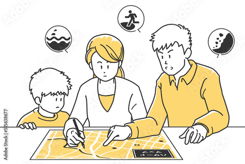 ハザードマップで避難経路を確認する家族のイラスト