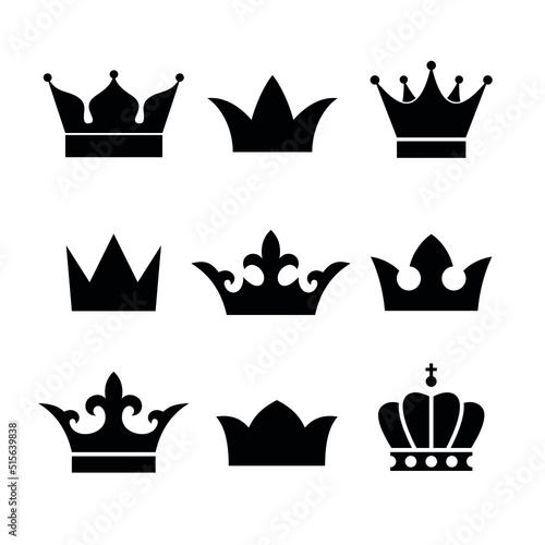 Collection of crown icons. Symbol of power and king. Isolated vector illustration on white background.