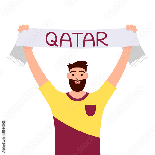 Soccer fan with a scarf isolated on white background. Bearded fan of Qatar national football team with hands up. Concept of sport, human emotions, entertainment. Vector illustration