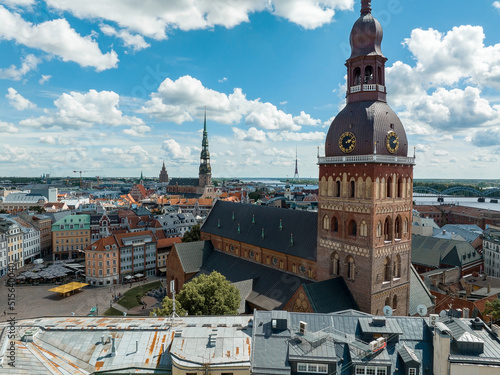 Aerial view of the Riga old town in Latvia. Beautiful historical buildings and Domes cathedral. Summer in Riga.