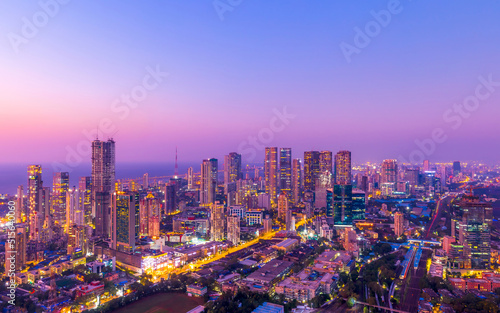 Mumbai cityscape turning purple at dusk.