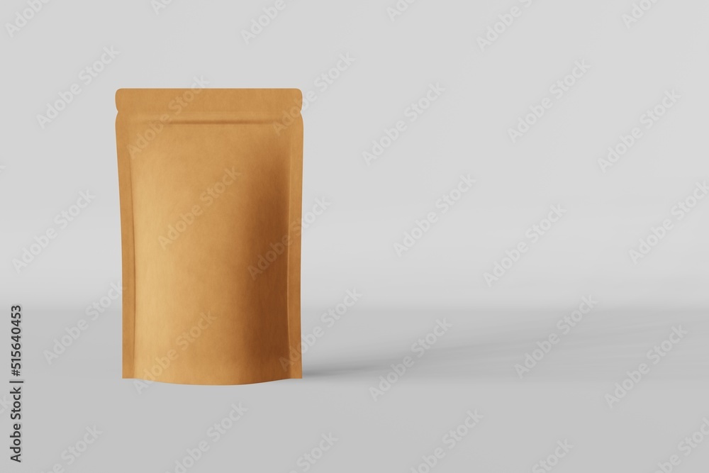 Paper pouch bag mockup white background isolated 3D render. Merchandise  packaging design. Blank brown kraft pack coffee beans sachet product  template. Tea food snack delivery. Shop sale demonstration. Photos | Adobe  Stock