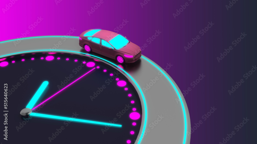 Fototapeta premium neon car rides on the clock face