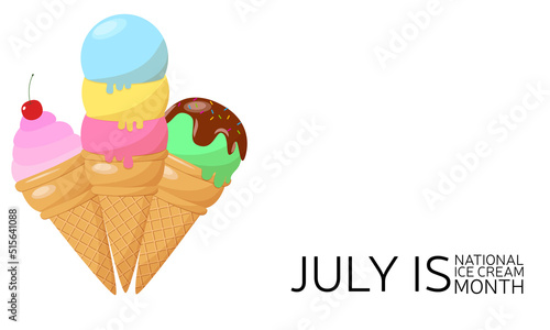 Happy National Ice Cream Day card. A waffle cone with various fruit ice cream scoops. Gelato or sorbet. Vector square banner in flat cartoon style.
