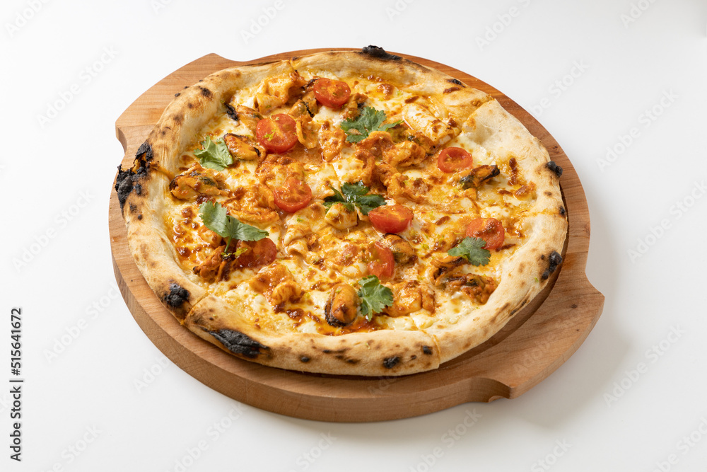 tom yam pizza on a white background tom yam pizza on a white background