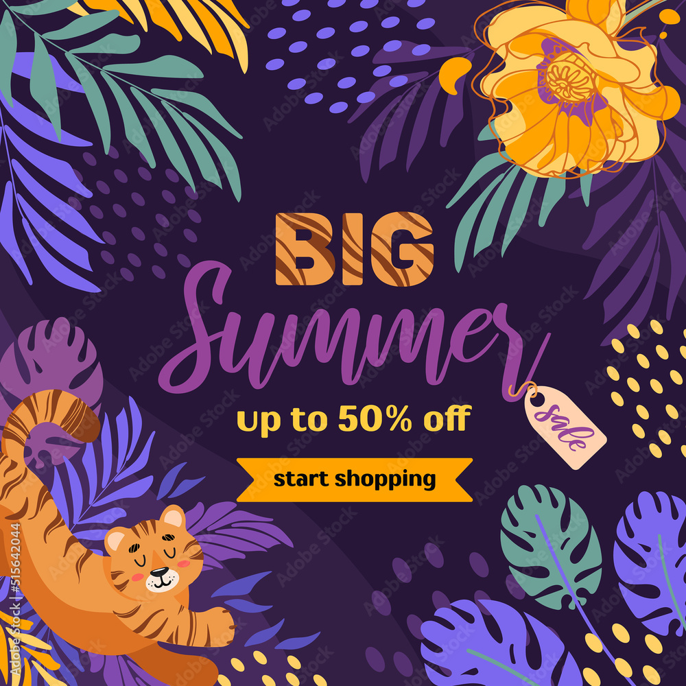 Bright summer sale square banner in cartoon style. Tiger, tropical leaves and flowers. Violet-orange on a dark background. For advertising banner, website, poster, sale flyer.