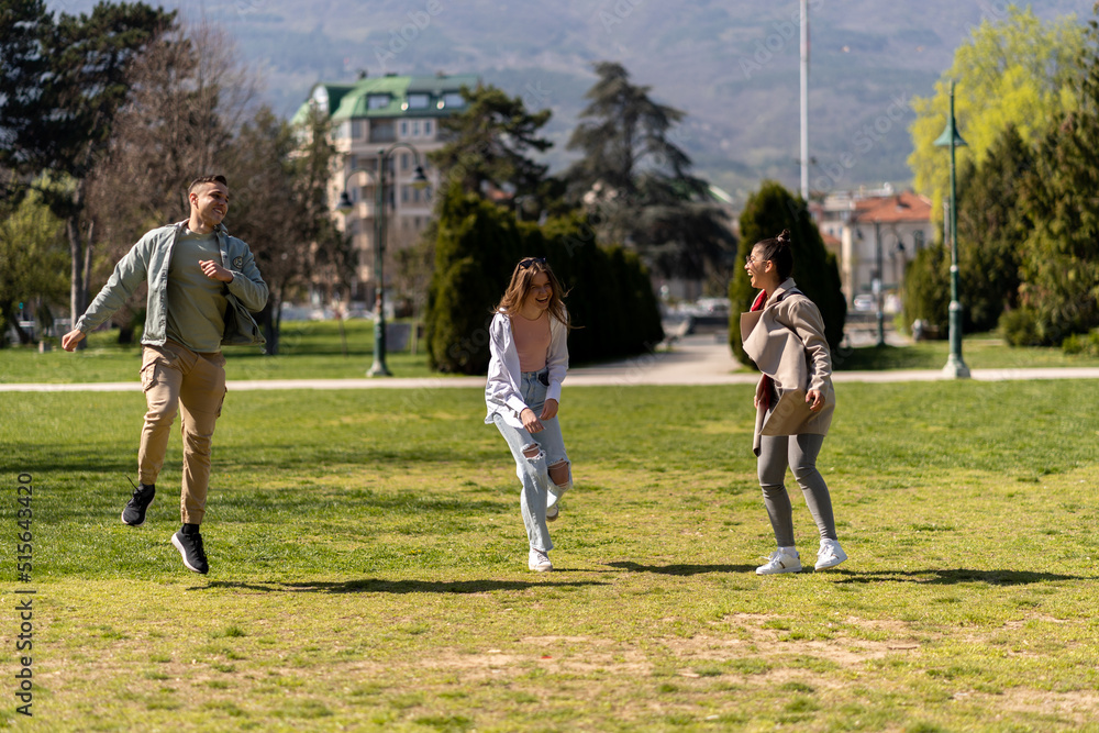 Obraz premium Dancing and jumping group of diverse friends on lawn