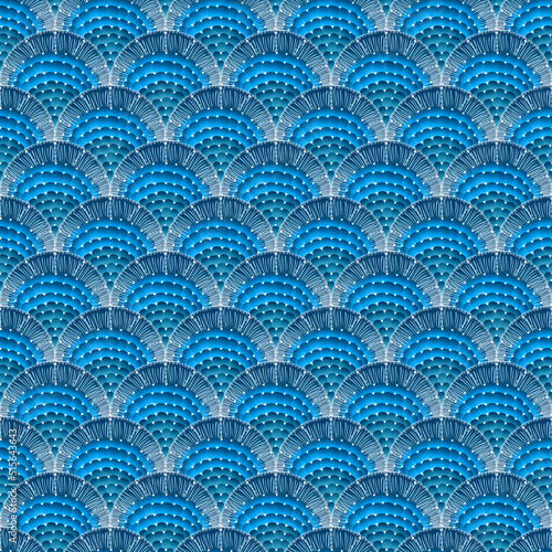 Scale, squama blue seamless pattern. Textured background for textile, wallpaper, wrapping. Japanese traditional backdrop. Vector photo