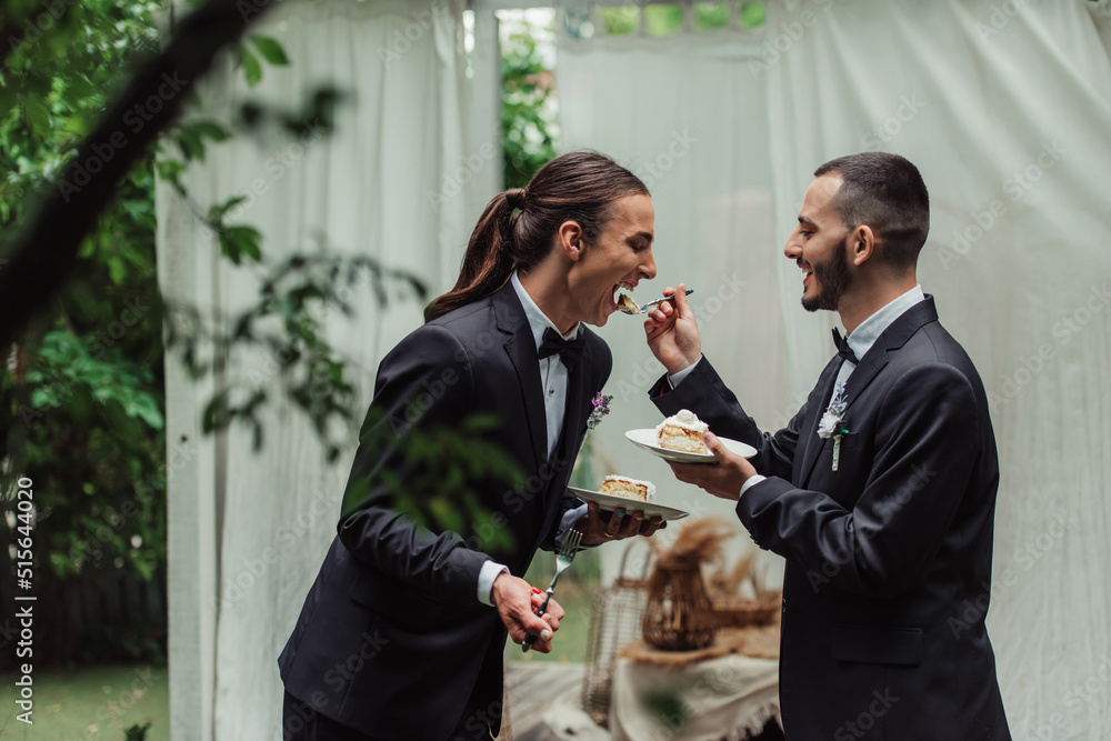 happy gay man in formal wear feeding husband with wedding cake. happy gay man in formal wear feeding husband with wedding cake.