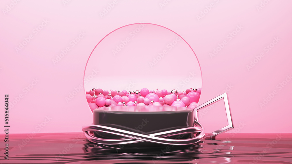 3D Render Of Empty Podium With Glossy Balls Inside Circular Frame Against River Pink Background.