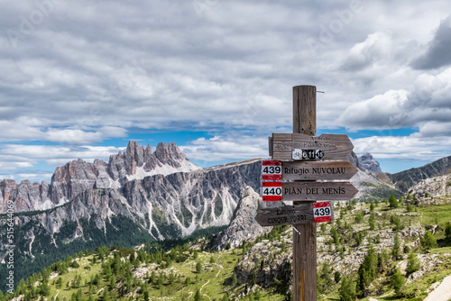 Trail signs in Cinque Torri in Cortina D'Ampezzo, Dolomites, Italy