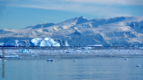 Icebergs floating in front of snow covered mountains at Cierva Cove, Antarctica © Angela