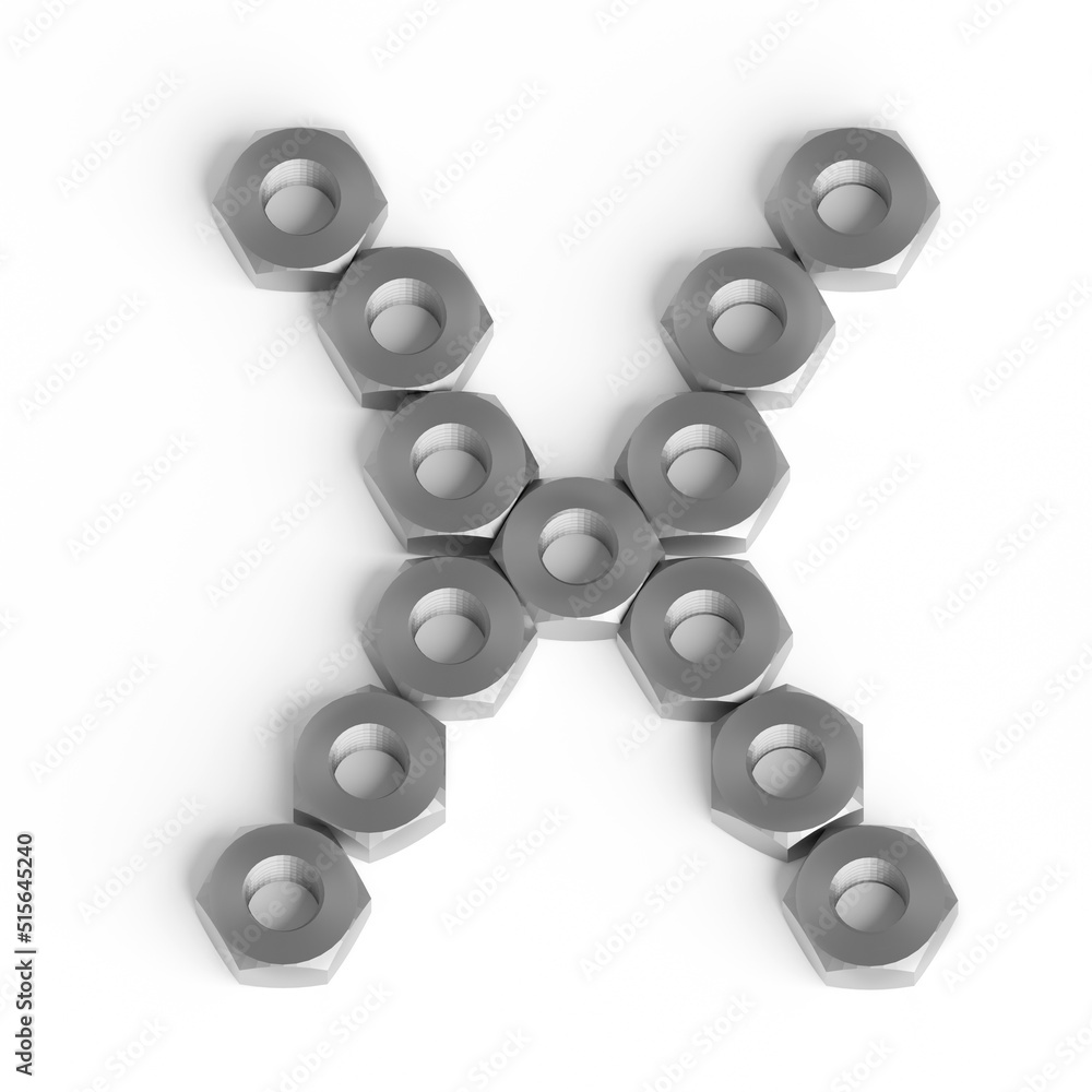 Capital letter X from iron nuts. Industrial or engineering font or symbol. 3d illustration. White background. Lettering design element Capital letter X from iron nuts. Industrial or engineering font or symbol. 3d illustration. White background. Lettering design element