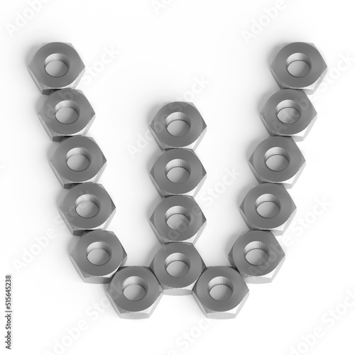 Capital letter W from iron nuts. Industrial or engineering font or symbol. 3d illustration. White background. Lettering design element