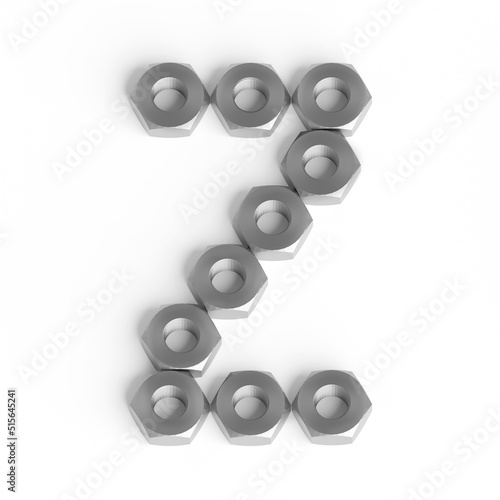 Capital letter Z from iron nuts. Industrial or engineering font or symbol. 3d illustration. White background. Lettering design element