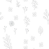 Leaves and flowers seamless pattern. Doodle nature elements background texture. Botanical design.