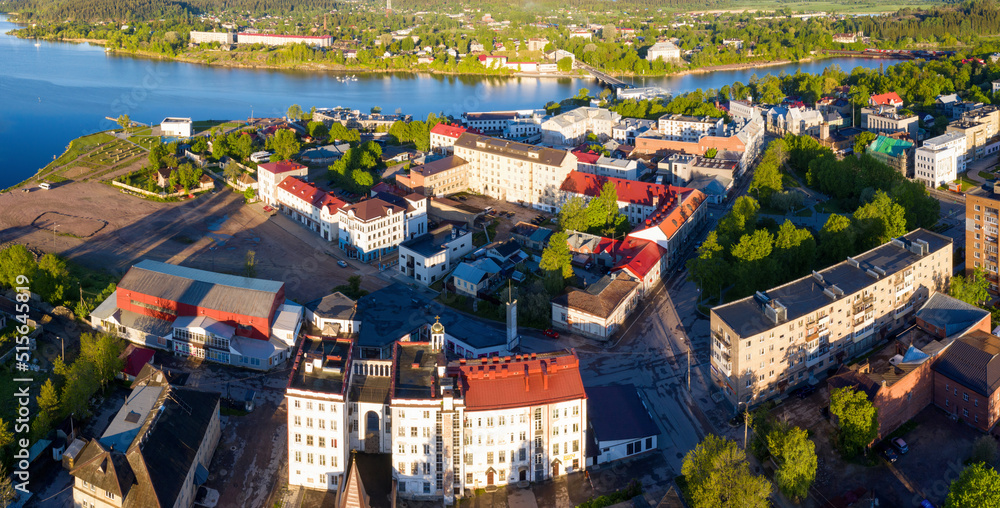 Panoramic aerial view of historical part of Sortavala town on sunny summer morning. Karelia, Russia.