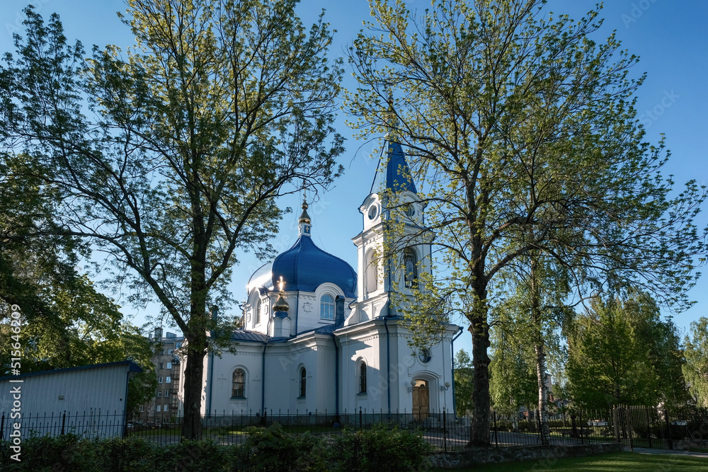 View of St. Nicholas church (Nikolskaya church, 1873) on sunny morning. Sortavala, Karelia, Russia.