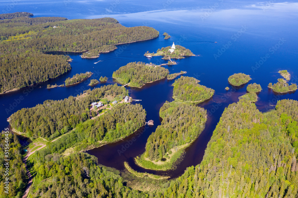 Drone view of St. Nicholas Skete of Valaam Monastery on sunny summer day. Ladoga lake, Karelia, Russia.