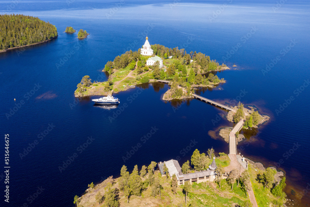 Aerial view of St. Nicholas Skete of Valaam Monastery on sunny summer day. Ladoga lake, Karelia, Russia.