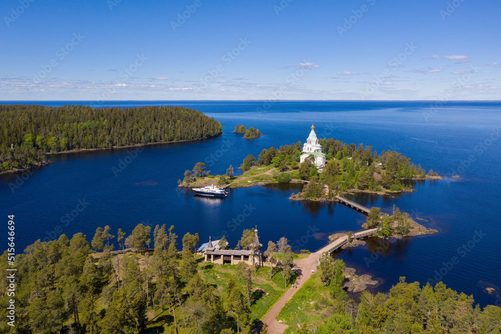 Drone view of St. Nicholas Skete of Valaam Monastery on sunny day. Ladoga lake, Karelia, Russia.