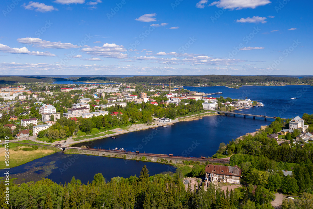 Obraz premium Aerial view of Sortavala town and Lyappyarvi lake on sunny summer day. Karelia, Russia.