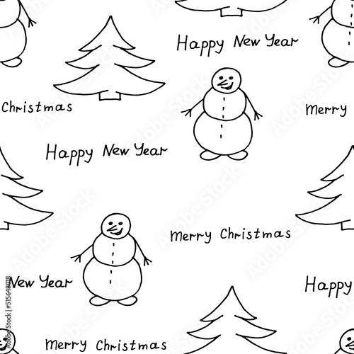 Snowman and christmas tree drawn with black marker on white paper. Christmas background with a snowman. New Year concept. Wrapping paper for gifts for the new year. Christmas seamless pattern.