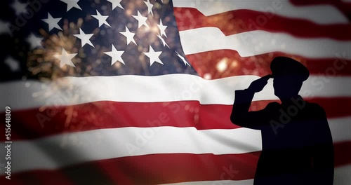 American flag waving with fireworks and soldier silhouette celebrating 4th of July. Independence, Memorial, Celebration, Fireworks concept. Seamless looping 4k
