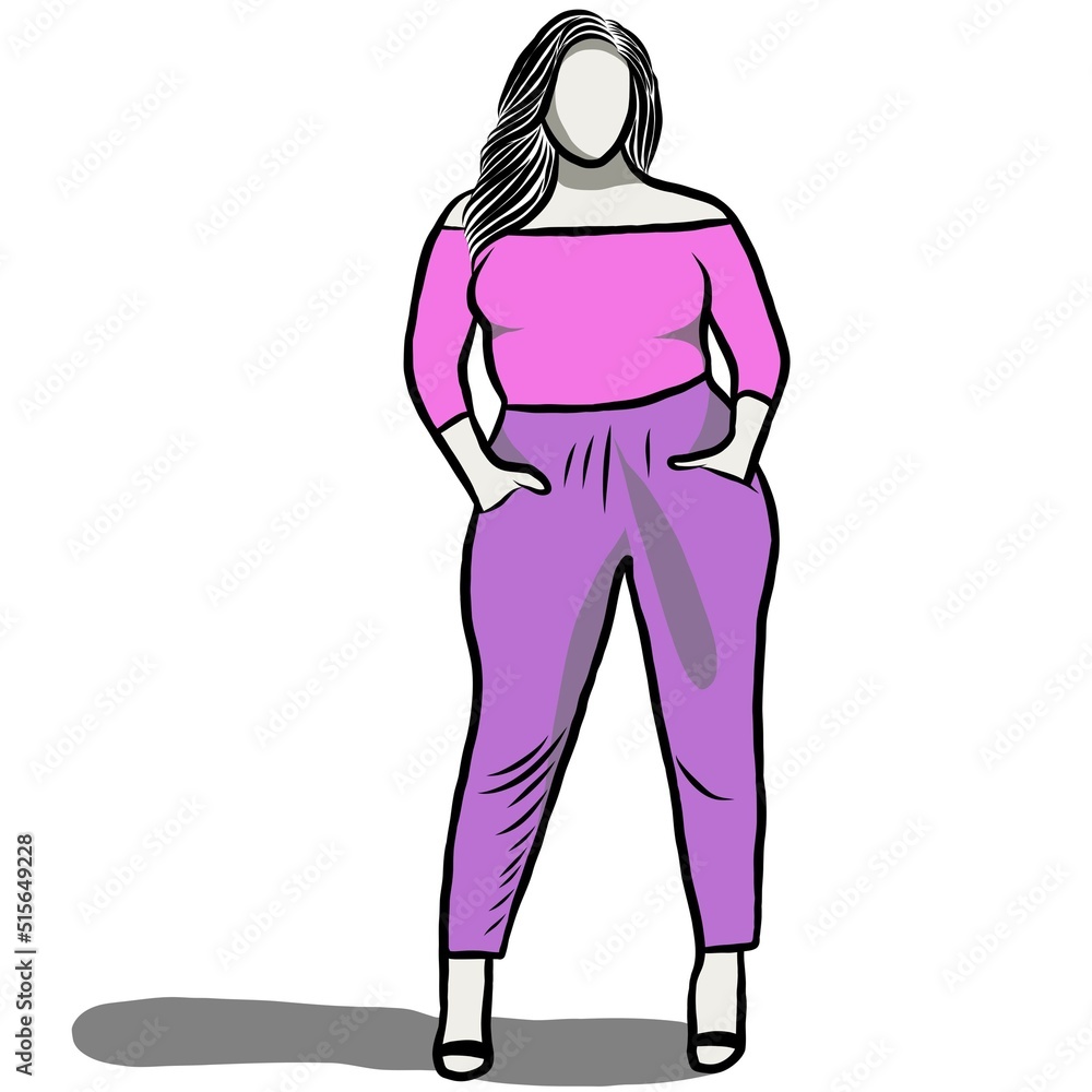 Body positive concept.Woman plus size.Confident obese women on over white background.Line drawing of cartoon character with illustration in flat design. Body positive concept.Woman plus size.Confident obese women on over white background.Line drawing of cartoon character with illustration in flat design.