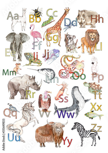Animals icons vintage style collection ABC watercolor illustration poster