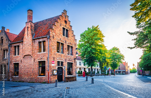 Bruges, Belgium. Sunrise light on Mariastraat, historical Brugge, Flanders. photo