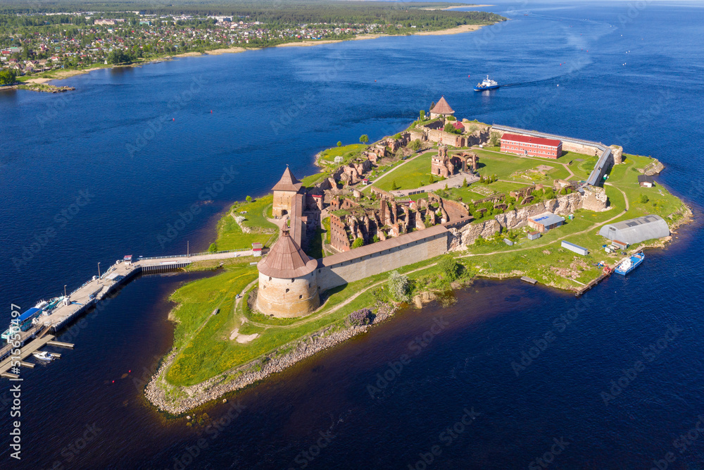 Aerial view of Shlisselburg (Oreshek) Fortress and Ladoga lake on sunny summer day. Leningrad Oblast, Russia.