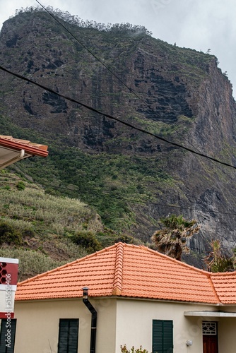 Canvas Print Vertical beautiful view of the ref rood of a hillside house in Madeira, Portugal