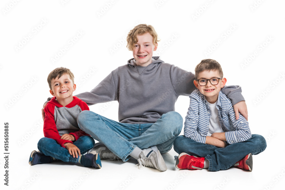 portrait of adorable young happy brothers boys on studio white portrait of adorable young happy brothers boys on studio white