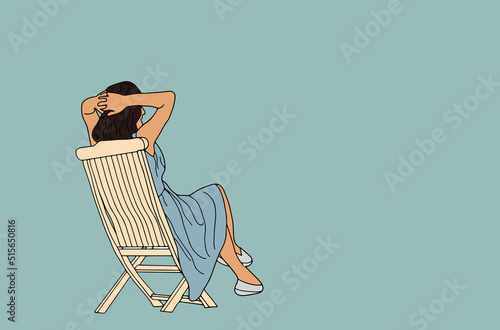 Women in sun hat on cruise vessel enjoy summer seaside landscape. Blue ocean scenic view background. Holiday vacation season sea travel leisure illustration. Sea sailing relax tourist vector poster
