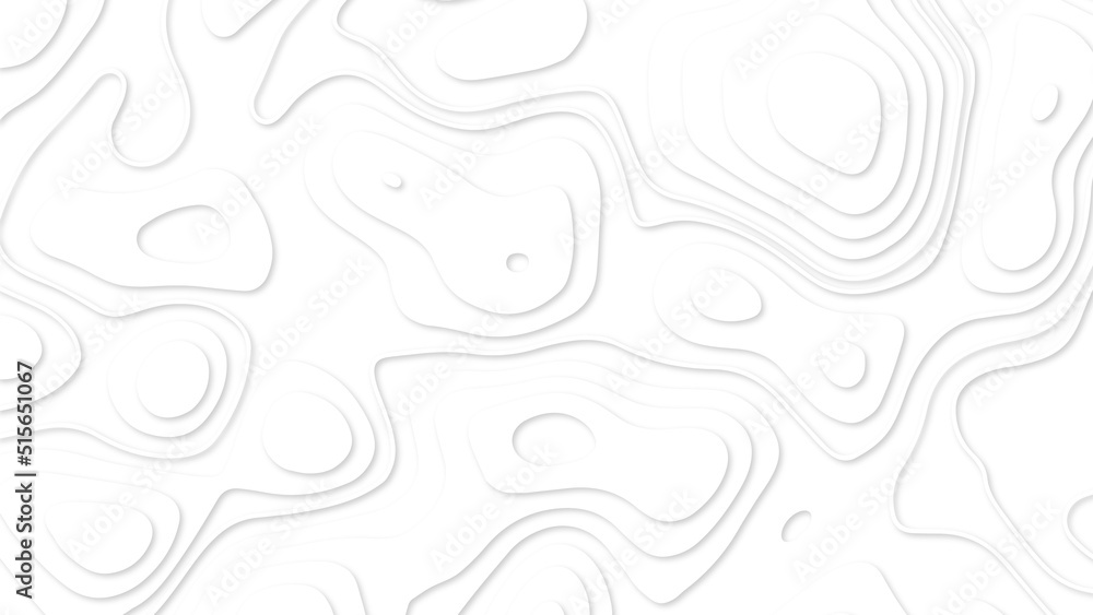 White paper cut white background. Abstract realistic papercut decoration textured with wavy layers and shadow. Topographic contour map abstract tech motion graphic design.