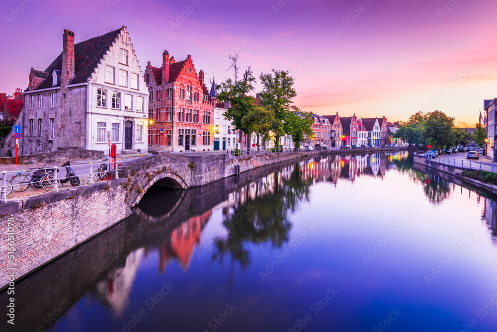 Bruges, Belgium. Sunrise over Spiegelrei Canal, Flanders famous city.