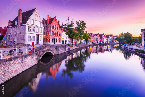 Bruges, Belgium. Sunrise over Spiegelrei Canal, Flanders famous city.
