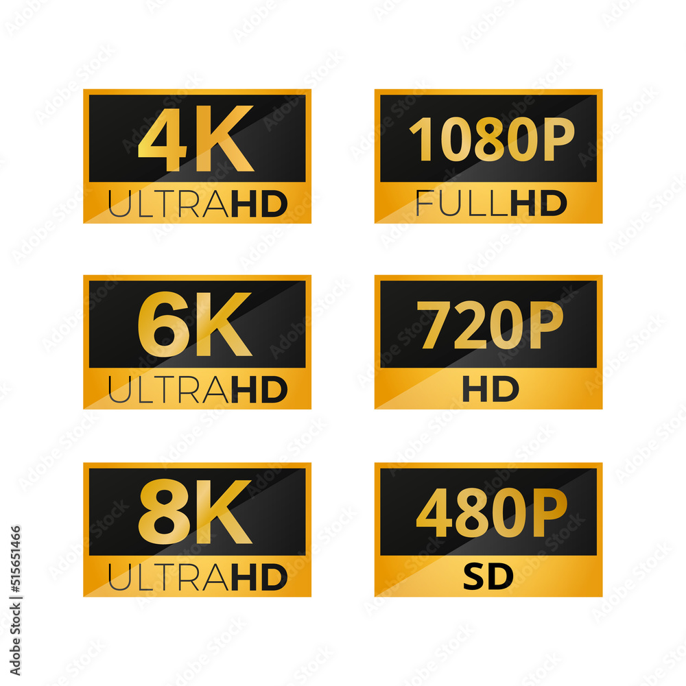Set of video dimensions SD, HD, FHD, 4K, 6K, 8K. Set of video resolution isolated on white background. Vector stock