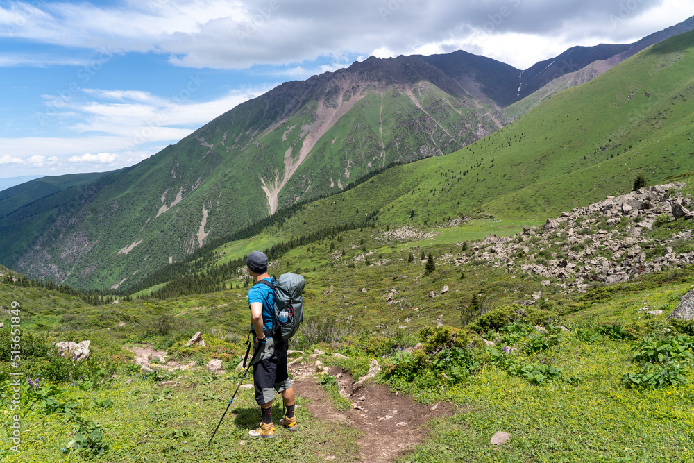 A man with a backpack on the background of high green mountains