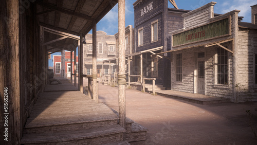 Dusty street in an old wild west town with boardwalk, gunsmith store and bank in late afternoon sunlight. Photo realistic 3D illustration. photo