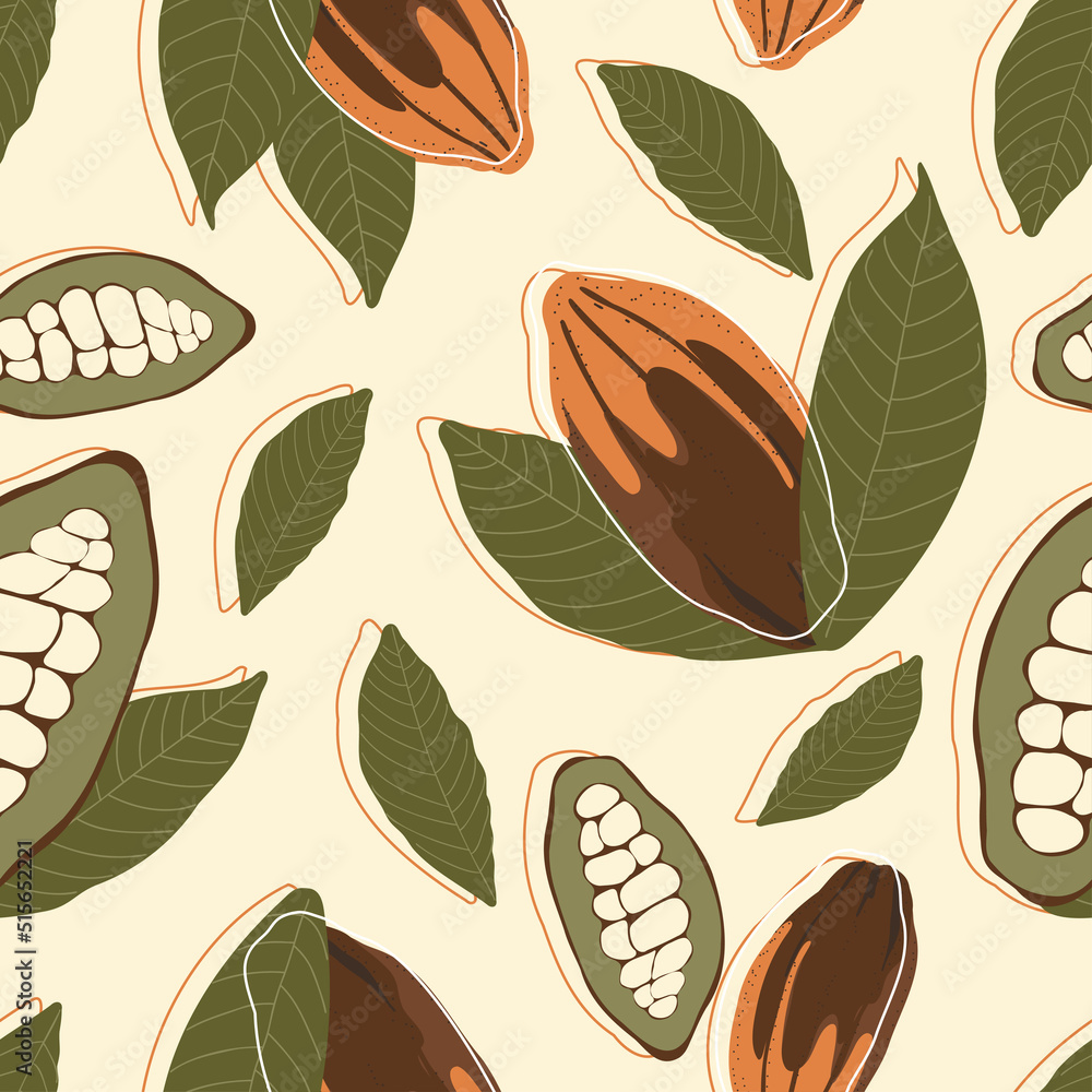 Cocoa tree fruit whole and sliced with leaves and natural cacao beans inside seamless pattern, exotic chocolate fetus, organic raw cocoa with outline Cocoa tree fruit whole and sliced with leaves and natural cacao beans inside seamless pattern, exotic chocolate fetus, organic raw cocoa with outline