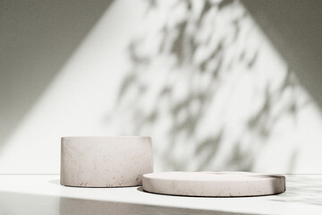 Luxury marble table with plant shadow on white wall and stone podium for product placement display. Trendy neutral aesthetic mockup template for beauty and cosmetics scene.