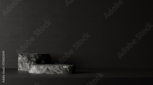 Dark stone podium for beauty and spa cosmetic brand product placement on black background wall. Luxury granite natural material and neutral aesthetic bathroom shelf. Minimal trendy mockup template.